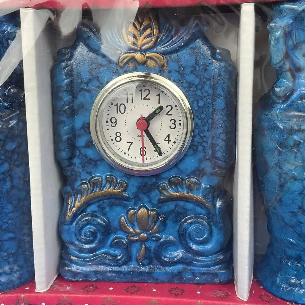 Vintage Blue Faux Marble Quartz Mantel Clock Matching Vases 3pc Gift Set New